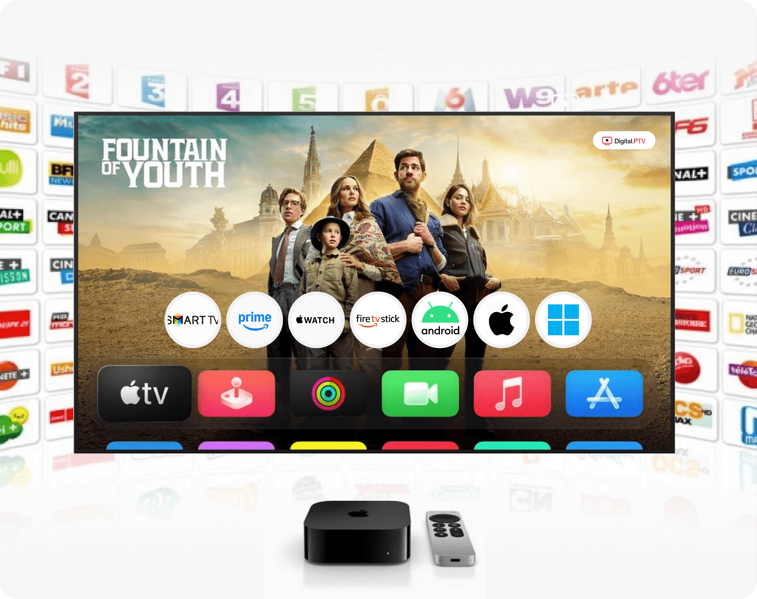 MaxiTV interface showing the EPG guide and channel list